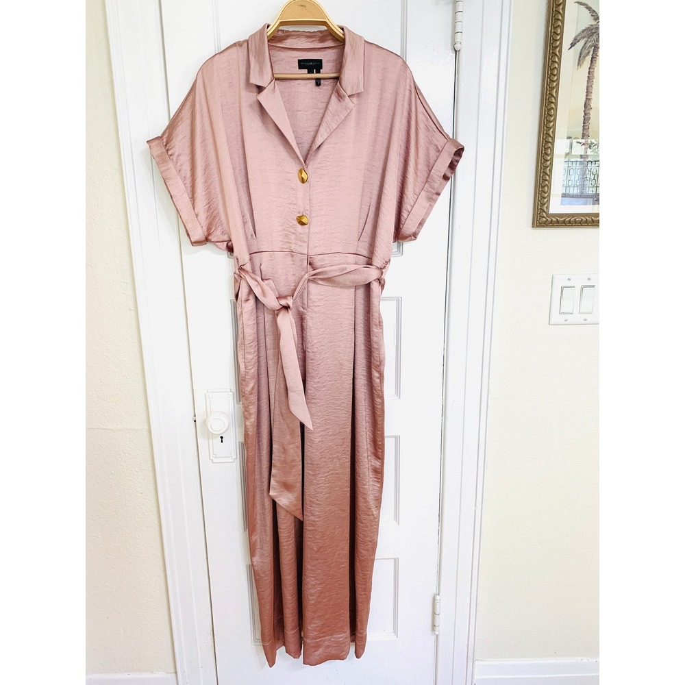 Donna Karan New York Satin Wide Leg Jumpsuit 14 Blush Pink Belted Pockets Party